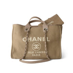 CHANEL Tote Deauville / Beige 22A Dark Beige Deauville Tote Mixed Fibers and Calfskin Light Gold Hardware - Redeluxe