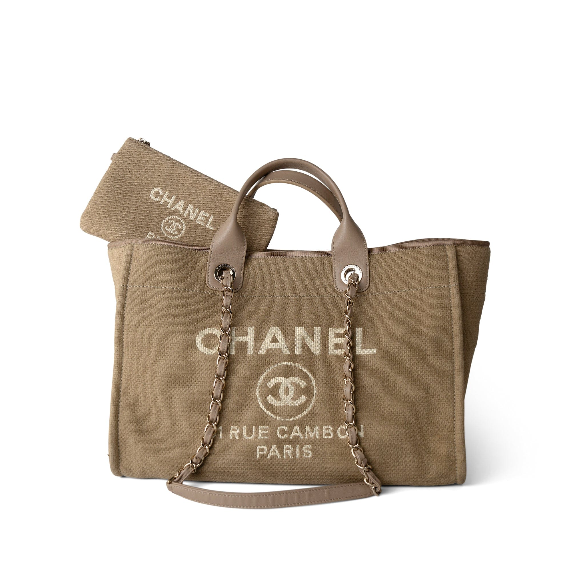 CHANEL Tote Deauville / Beige 22A Dark Beige Deauville Tote Mixed Fibers and Calfskin Light Gold Hardware - Redeluxe