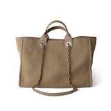 CHANEL Tote Deauville / Beige 22A Dark Beige Deauville Tote Mixed Fibers and Calfskin Light Gold Hardware - Redeluxe