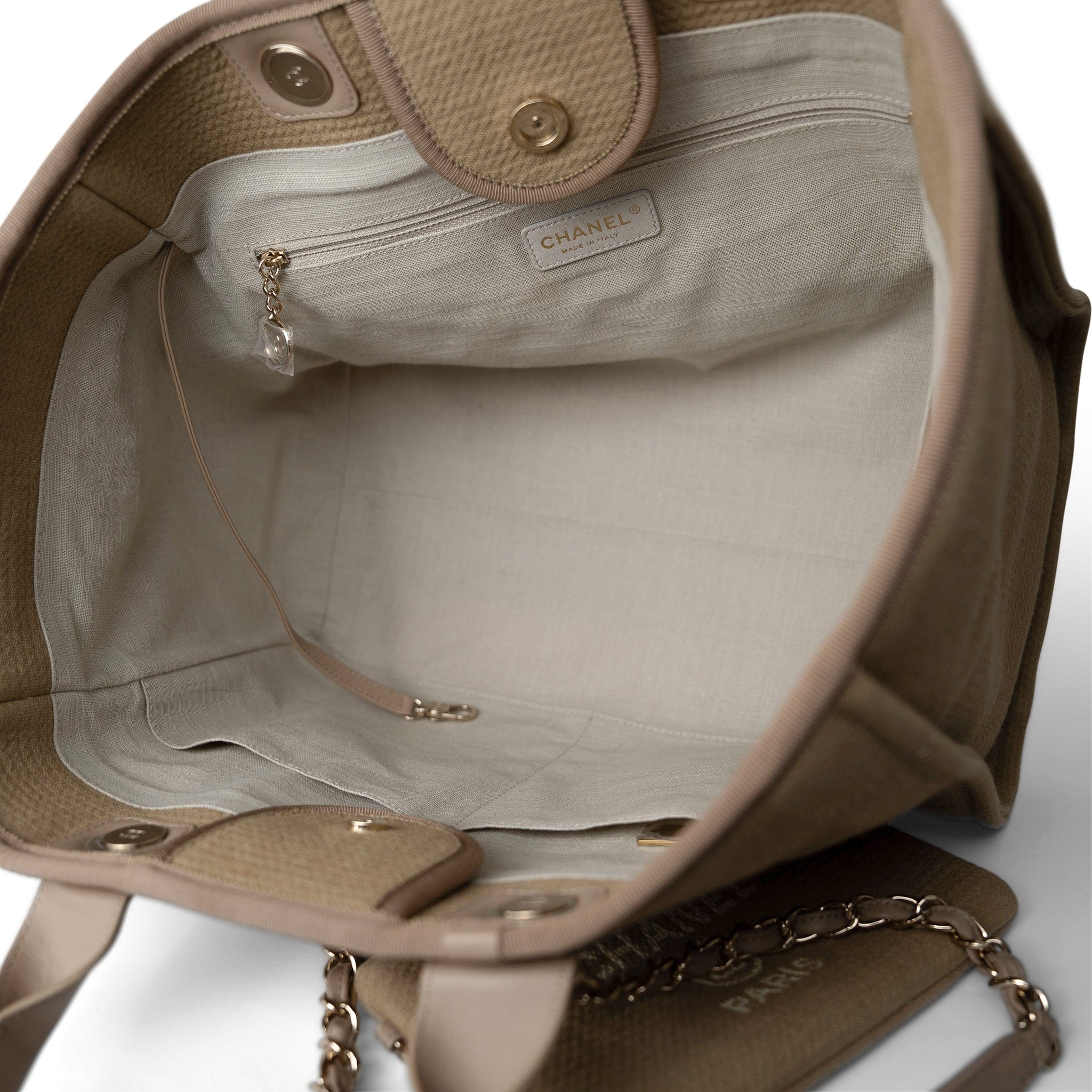 CHANEL Tote Deauville / Beige 22A Dark Beige Deauville Tote Mixed Fibers and Calfskin Light Gold Hardware - Redeluxe