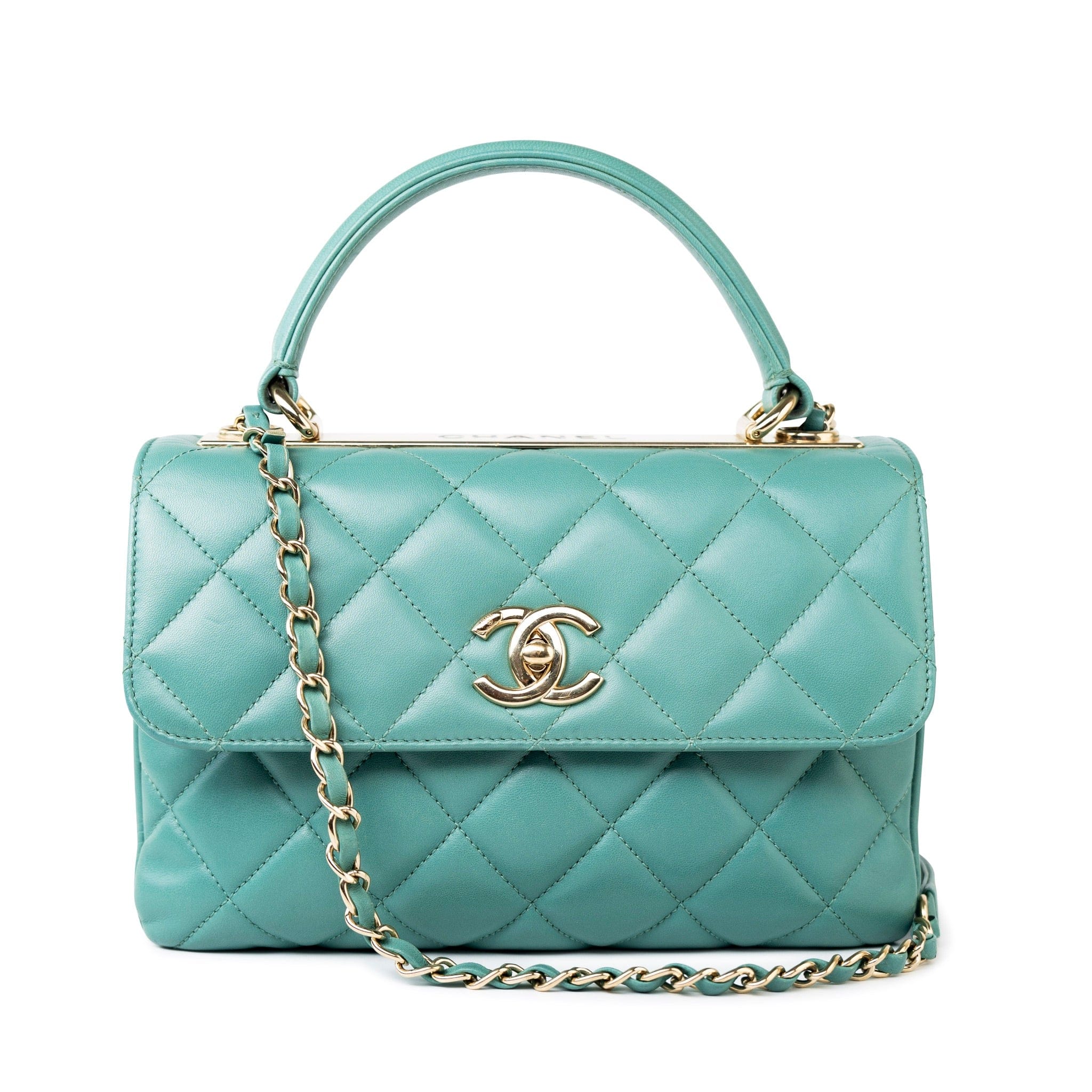 CHANEL Tote Green Trendy CC Green Lambskin Quilted Light Gold Hardware - Redeluxe