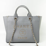 CHANEL Tote Grey Caviar Studded Deauville Tote Light Gold Hardware - Redeluxe