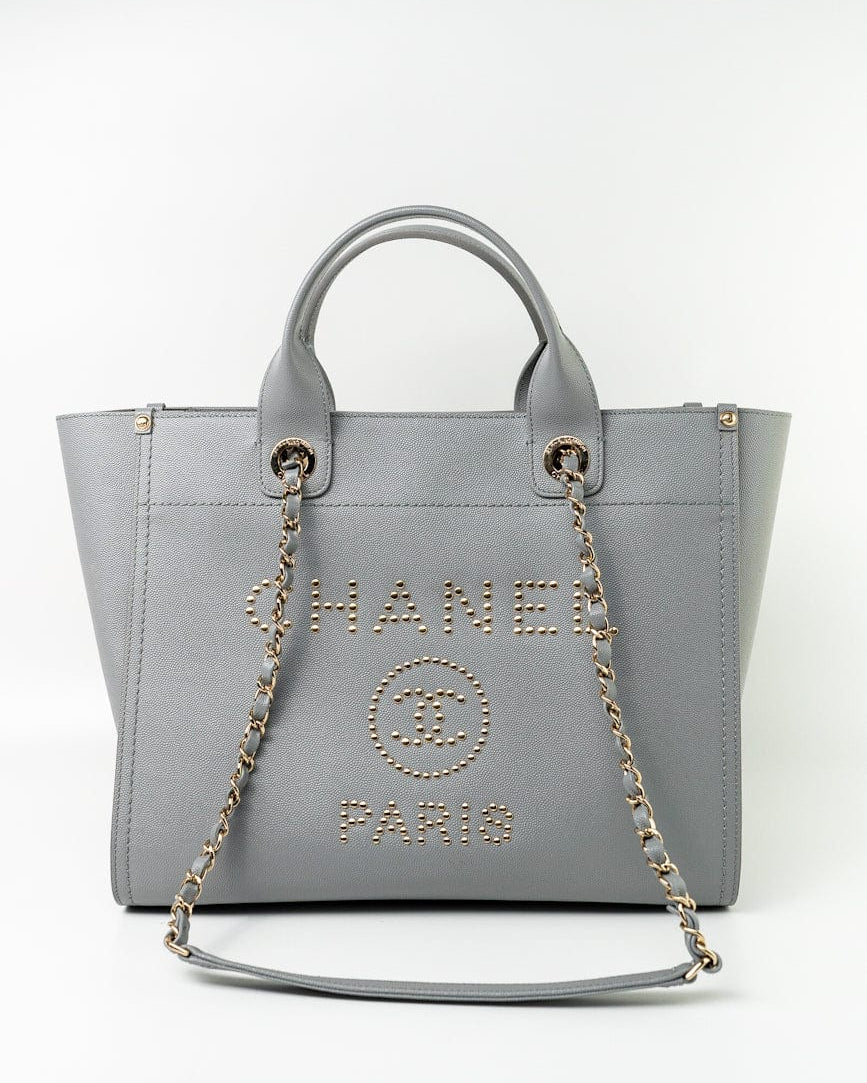 CHANEL Tote Grey Caviar Studded Deauville Tote Light Gold Hardware - Redeluxe