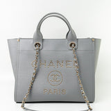 CHANEL Tote Grey Caviar Studded Deauville Tote Light Gold Hardware - Redeluxe