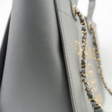 CHANEL Tote Grey Caviar Studded Deauville Tote Light Gold Hardware - Redeluxe