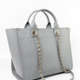 CHANEL Tote Grey Caviar Studded Deauville Tote Light Gold Hardware - Redeluxe