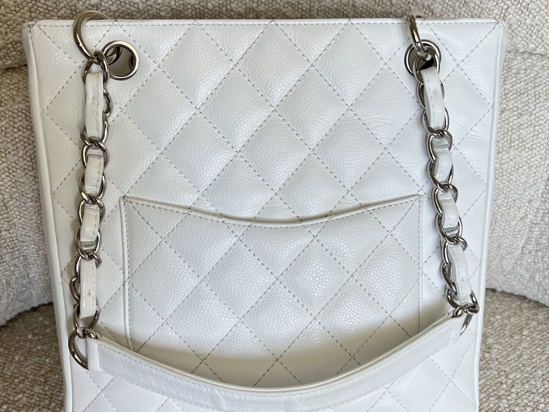 CHANEL Tote White Caviar Quilted Petite Shopping Tote - Redeluxe