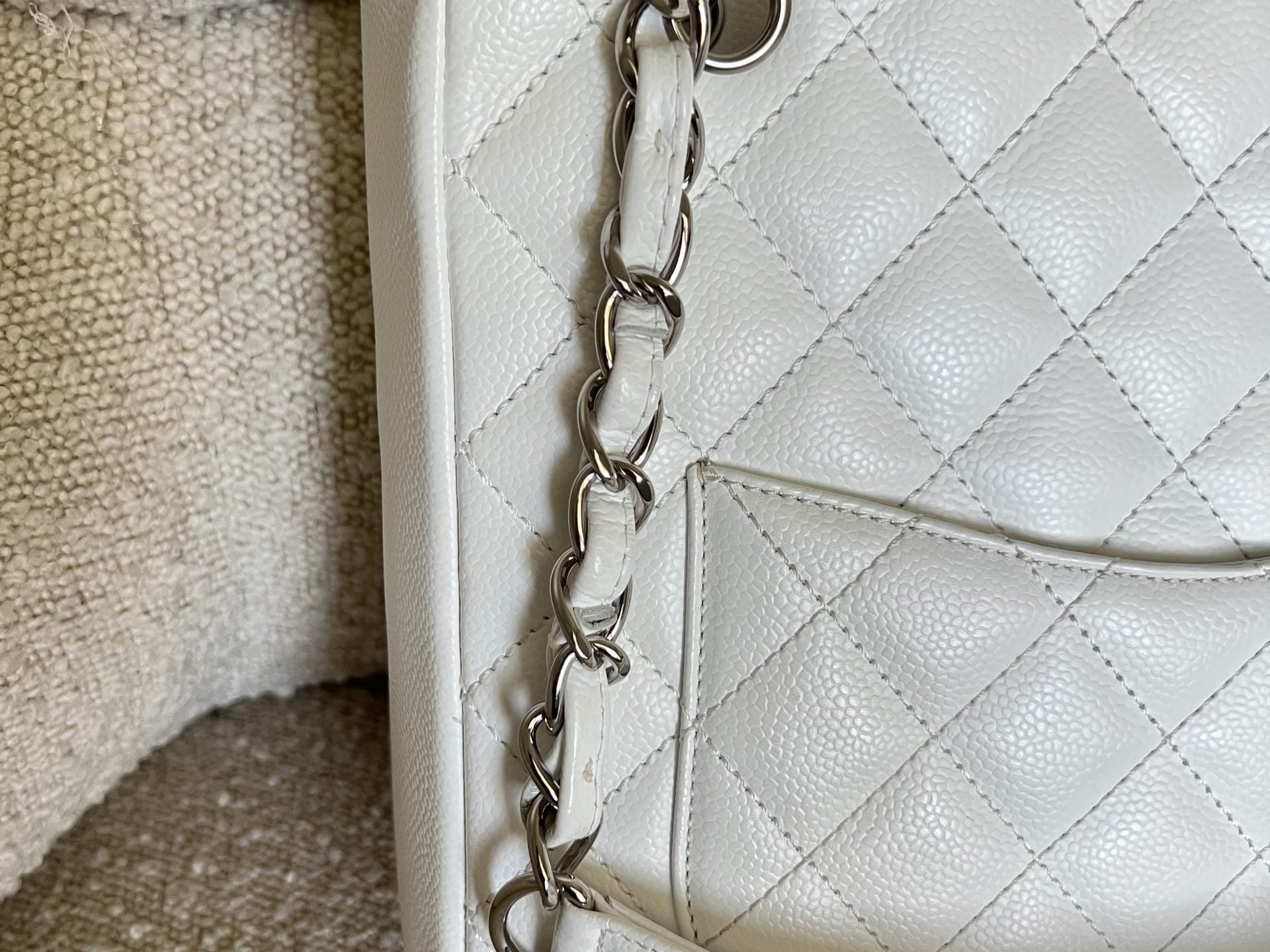 CHANEL Tote White Caviar Quilted Petite Shopping Tote - Redeluxe