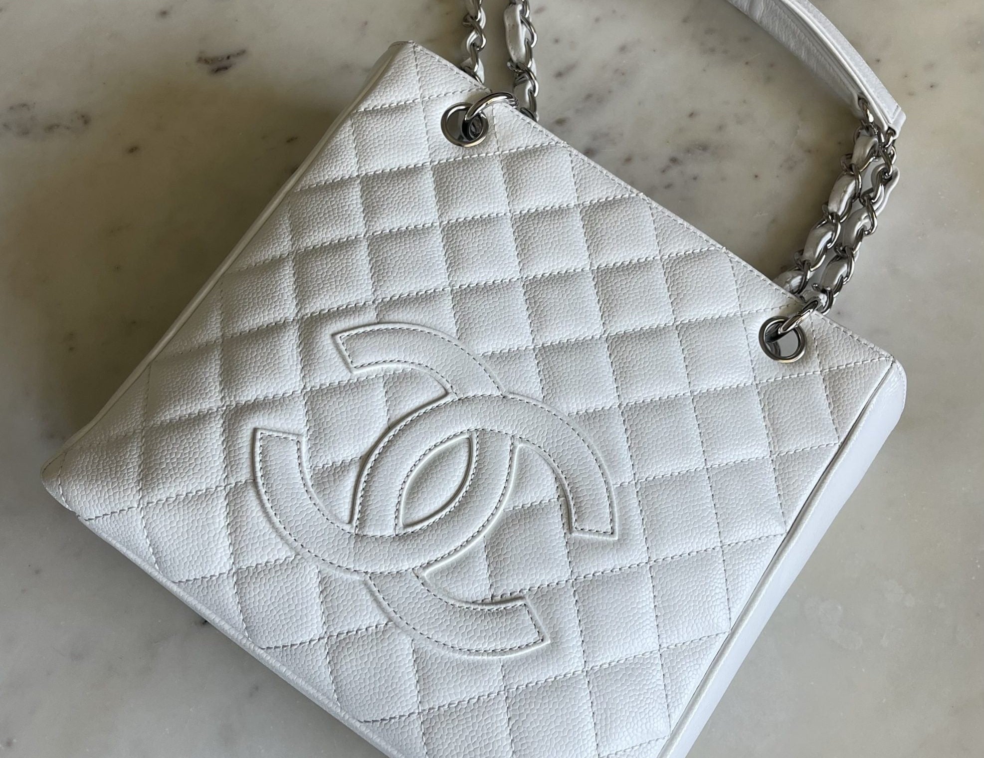 CHANEL Tote White Caviar Quilted Petite Shopping Tote - Redeluxe