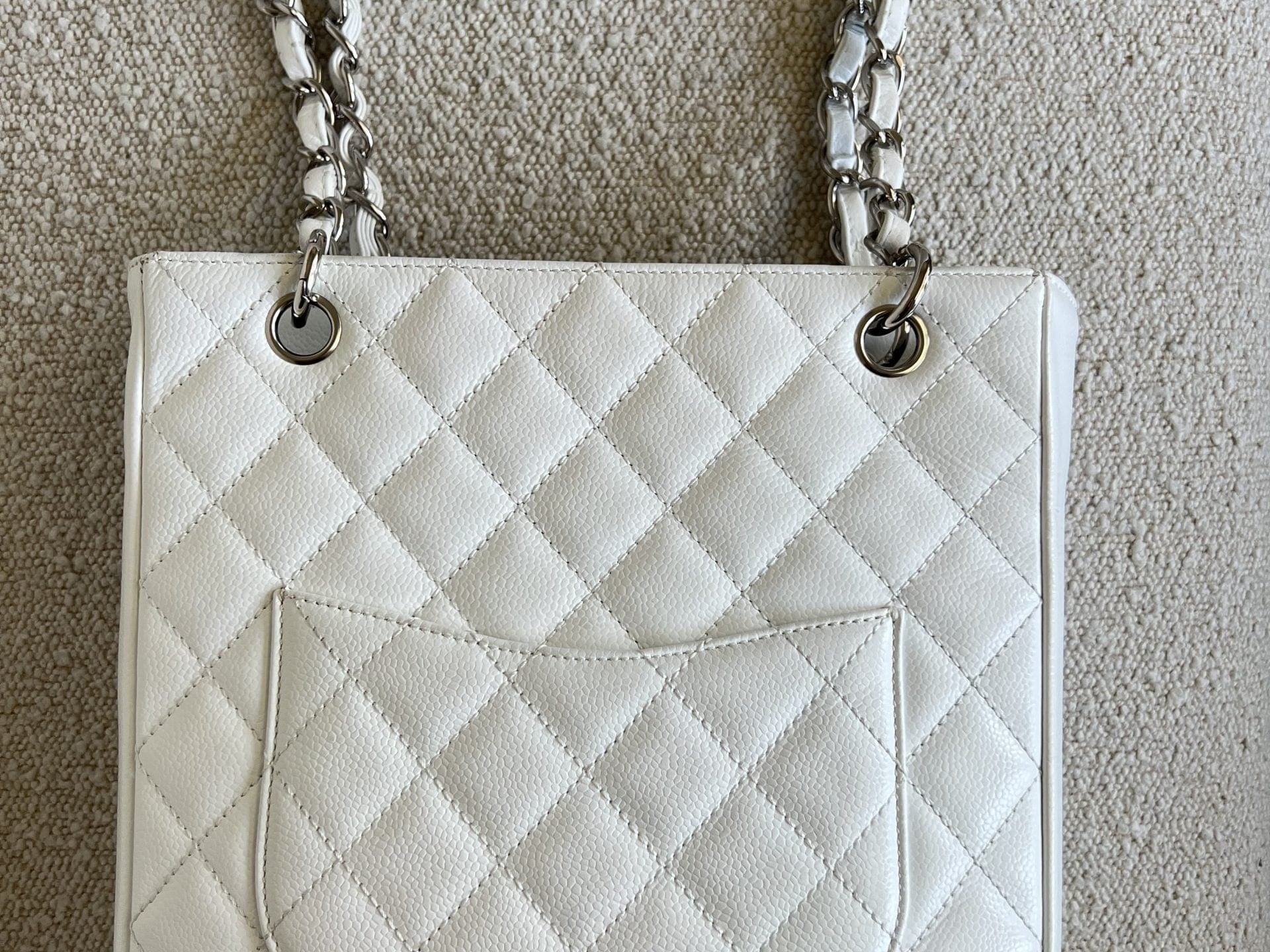 CHANEL Tote White Caviar Quilted Petite Shopping Tote - Redeluxe