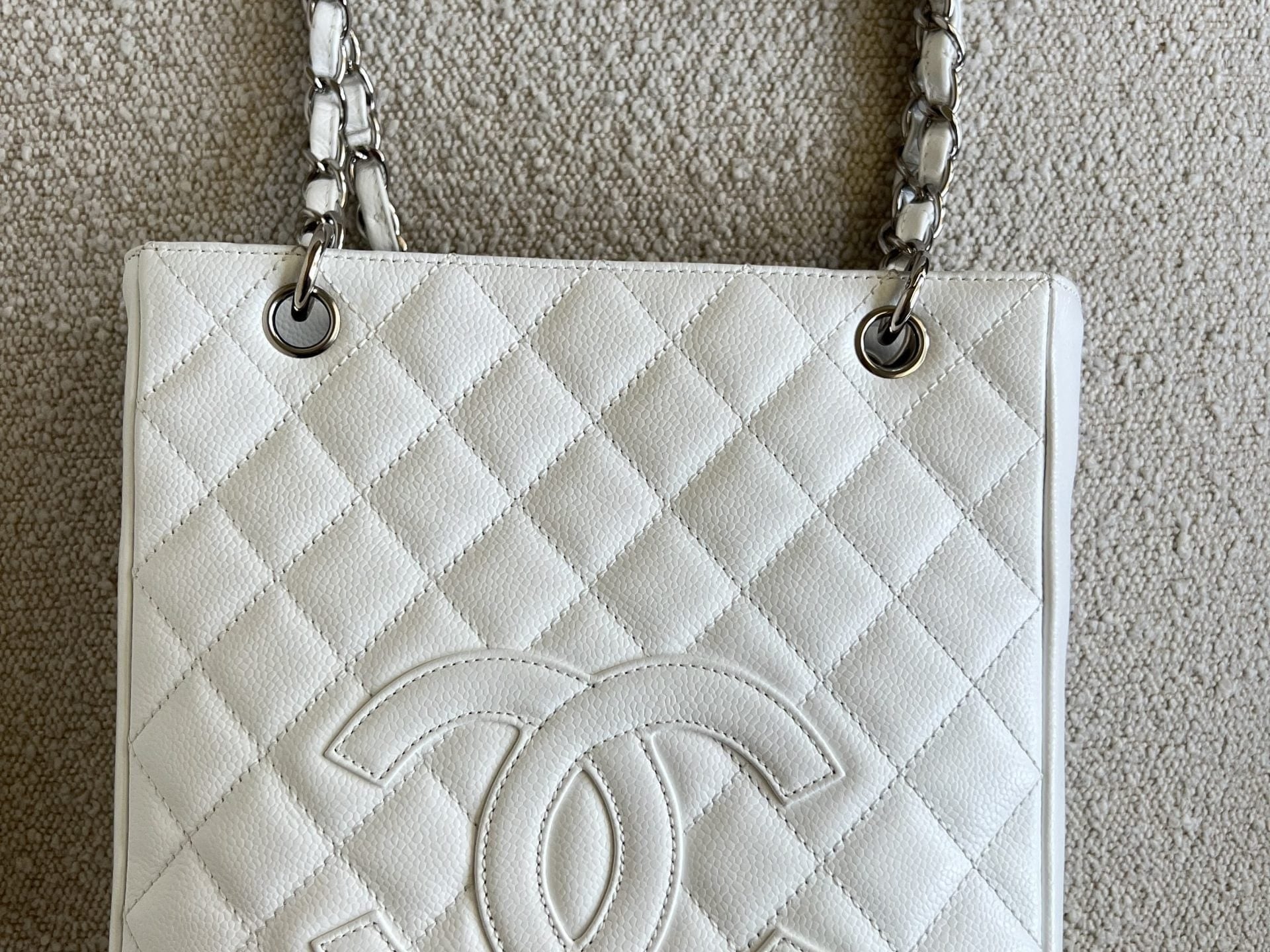 CHANEL Tote White Caviar Quilted Petite Shopping Tote - Redeluxe