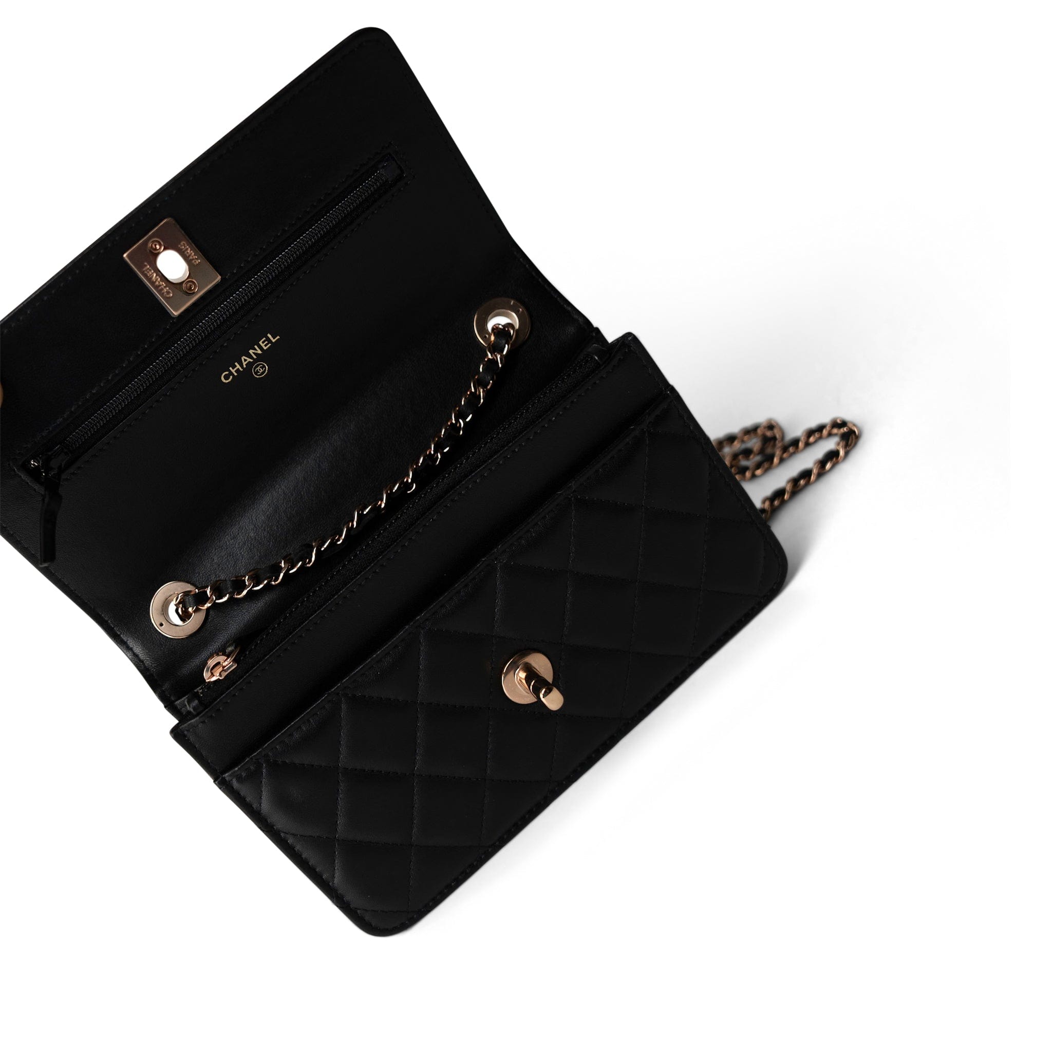 CHANEL Wallet Black Black 22C WOC Trendy CC Rose Gold Hardware - Redeluxe