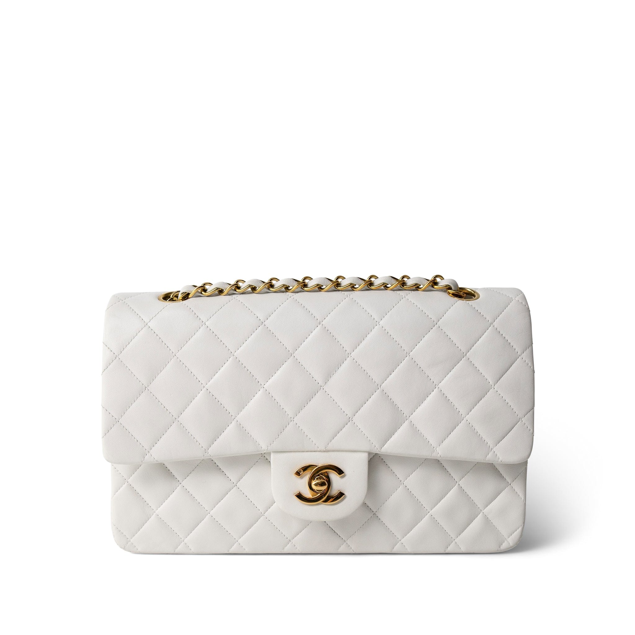 CHANEL White Lambskin Quilted Medium Classic Flap Gold Hardware - Redeluxe