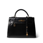 Hermes Black Kelly Sellier 32 Black Box Calfskin Gold Plated (U) Stamp - Redeluxe