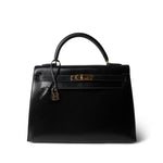 Hermes Black Kelly Sellier 32 Black Box Calfskin Gold Plated (U) Stamp - Redeluxe