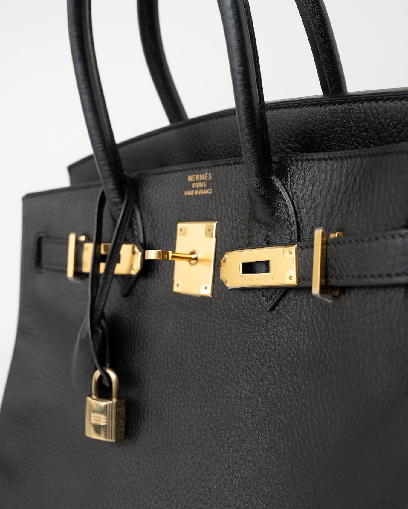 Hermes Handbag Birkin 30 Black/ Noir Vachette Ardennes Gold Plated Hardware G Square Stamp - Redeluxe