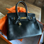 Hermes Handbag Birkin 30 Black/ Noir Vachette Ardennes Gold Plated Hardware G Square Stamp - Redeluxe