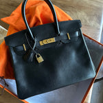 Hermes Handbag Birkin 30 Black/ Noir Vachette Ardennes Gold Plated Hardware G Square Stamp - Redeluxe