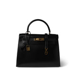 Hermes Handbag Black Kelly 28 Sellier Black Box Calfskin Gold Plated P Circle Stamp - Redeluxe