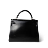 Hermes Handbag Black Kelly 32 Black Box Calfskin Gold Plated A Square Stamp - Redeluxe