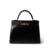 Hermes Handbag Black Kelly Sellier 28 Black Box Calfskin Gold Plated (V) Stamp - Redeluxe