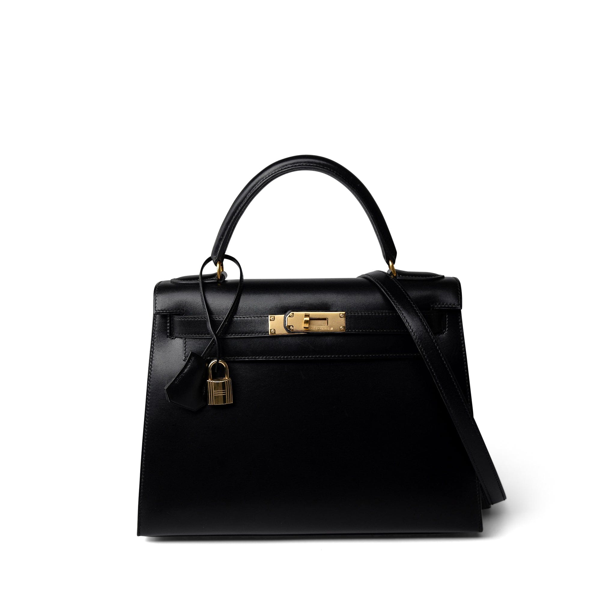 Hermes Handbag Black Kelly Sellier 28 Black Box Calfskin Gold Plated X Circle Stamp - Redeluxe