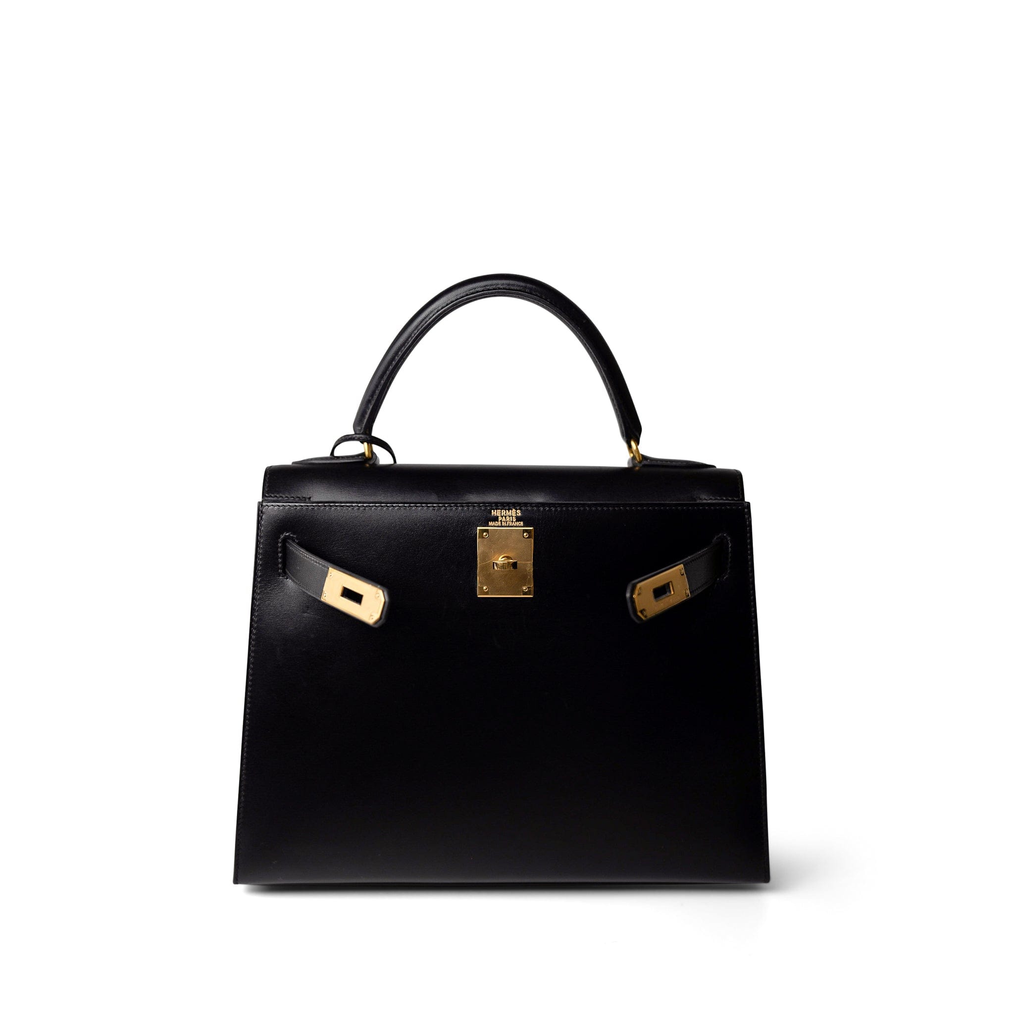 Hermes Handbag Black Kelly Sellier 28 Black Box Calfskin Gold Plated X Circle Stamp - Redeluxe