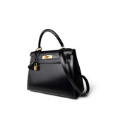 Hermes Handbag Black Kelly Sellier 28 Black Box Calfskin Gold Plated X Circle Stamp - Redeluxe