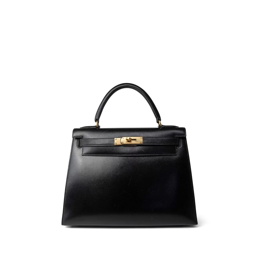 Hermes Handbag Black Kelly Sellier 28 Black Box Calfskin Gold Plated X Circle Stamp - Redeluxe