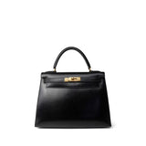 Hermes Handbag Black Kelly Sellier 28 Black Box Calfskin Gold Plated X Circle Stamp - Redeluxe