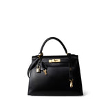 Hermes Handbag Black Kelly Sellier 28 Black Box Calfskin Gold Plated X Circle Stamp - Redeluxe