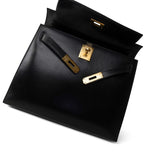 Hermes Handbag Black Kelly Sellier 28 Black Box Calfskin Gold Plated X Circle Stamp - Redeluxe