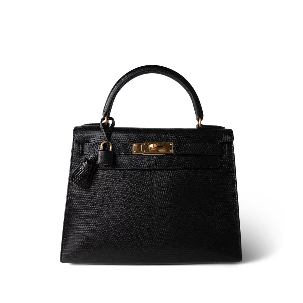 Hermes Handbag Black Kelly Sellier 28 Black Lizard Gold Plated (Y) Stamp - Redeluxe