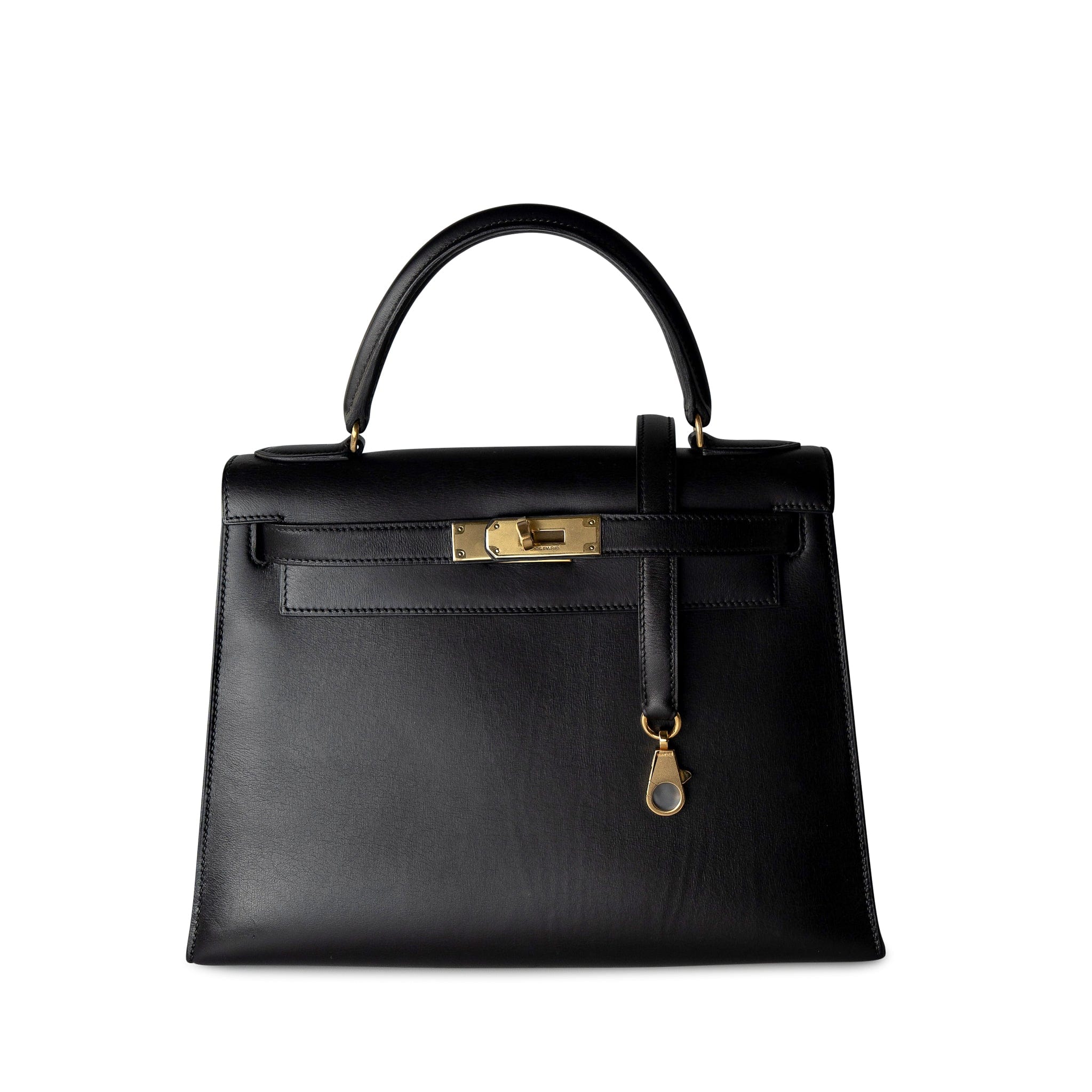 Hermes Handbag Black Kelly Sellier 28 Box Calfskin Gold Plated Hardware M Circle Stamp - Redeluxe