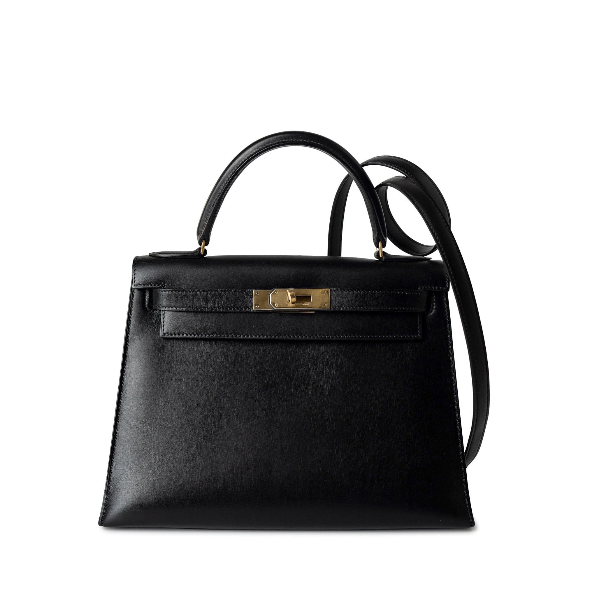 Hermes Handbag Black Kelly Sellier 28 Box Calfskin Gold Plated Hardware M Circle Stamp - Redeluxe