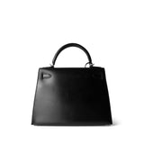 Hermes Handbag Black Kelly Sellier 28 Box Calfskin Palladium Plated G Square Stamp - Redeluxe