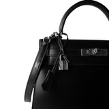 Hermes Handbag Black Kelly Sellier 28 Box Calfskin Palladium Plated G Square Stamp - Redeluxe