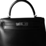 Hermes Handbag Black Kelly Sellier 28 Box Calfskin Palladium Plated G Square Stamp - Redeluxe