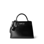 Hermes Handbag Black Kelly Sellier 28 Box Calfskin Palladium Plated G Square Stamp - Redeluxe