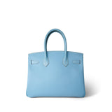 Hermes Handbag Blue Birkin 30 Bleu Celeste Epsom Palladium Plated O Square Stamp - Redeluxe