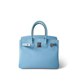 Hermes Handbag Blue Birkin 30 Bleu Celeste Epsom Palladium Plated O Square Stamp - Redeluxe