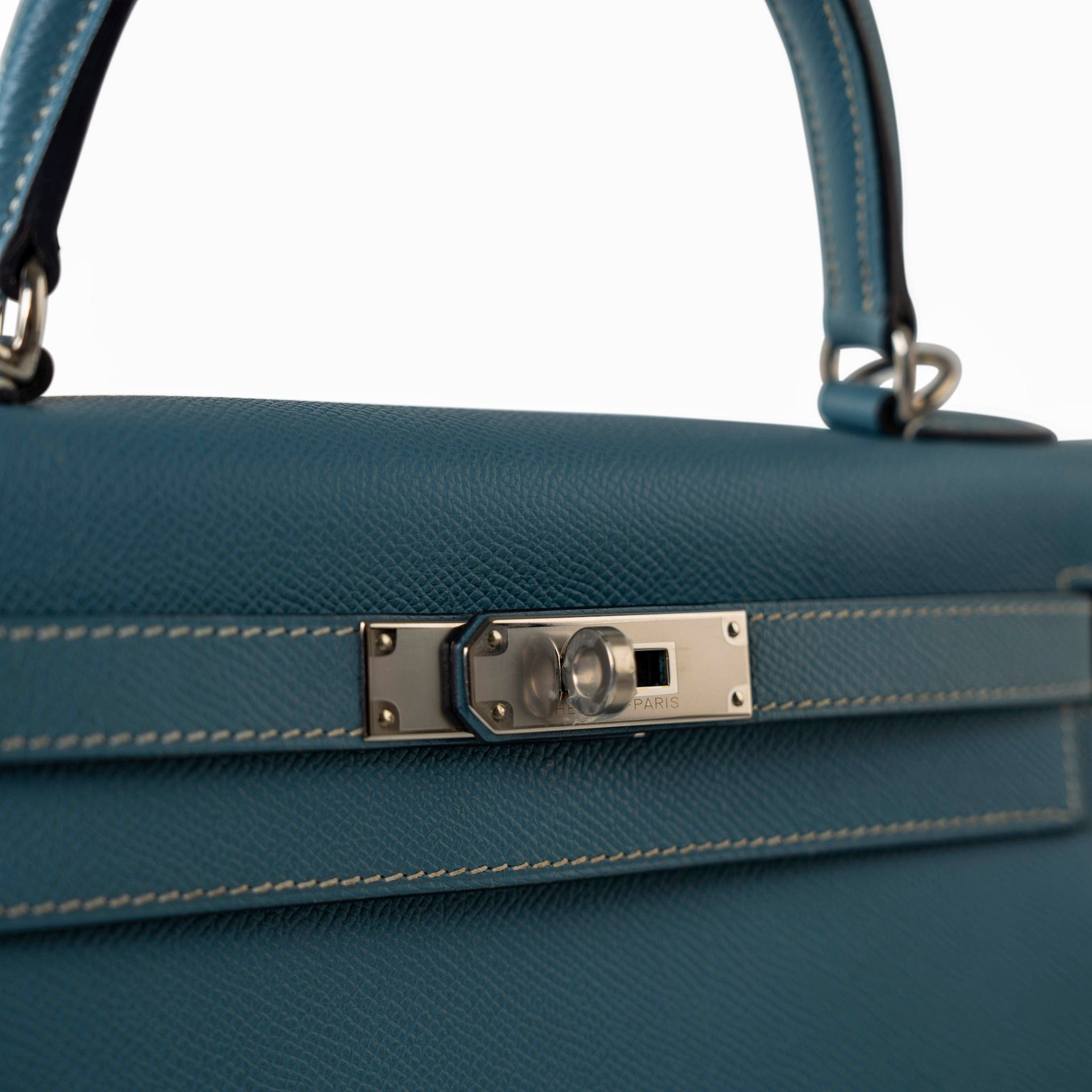 Hermes Handbag Blue Kelly 28 Sellier Blue Jean Veau Epsom Leather Palladium Hardware M Square Stamp - Redeluxe