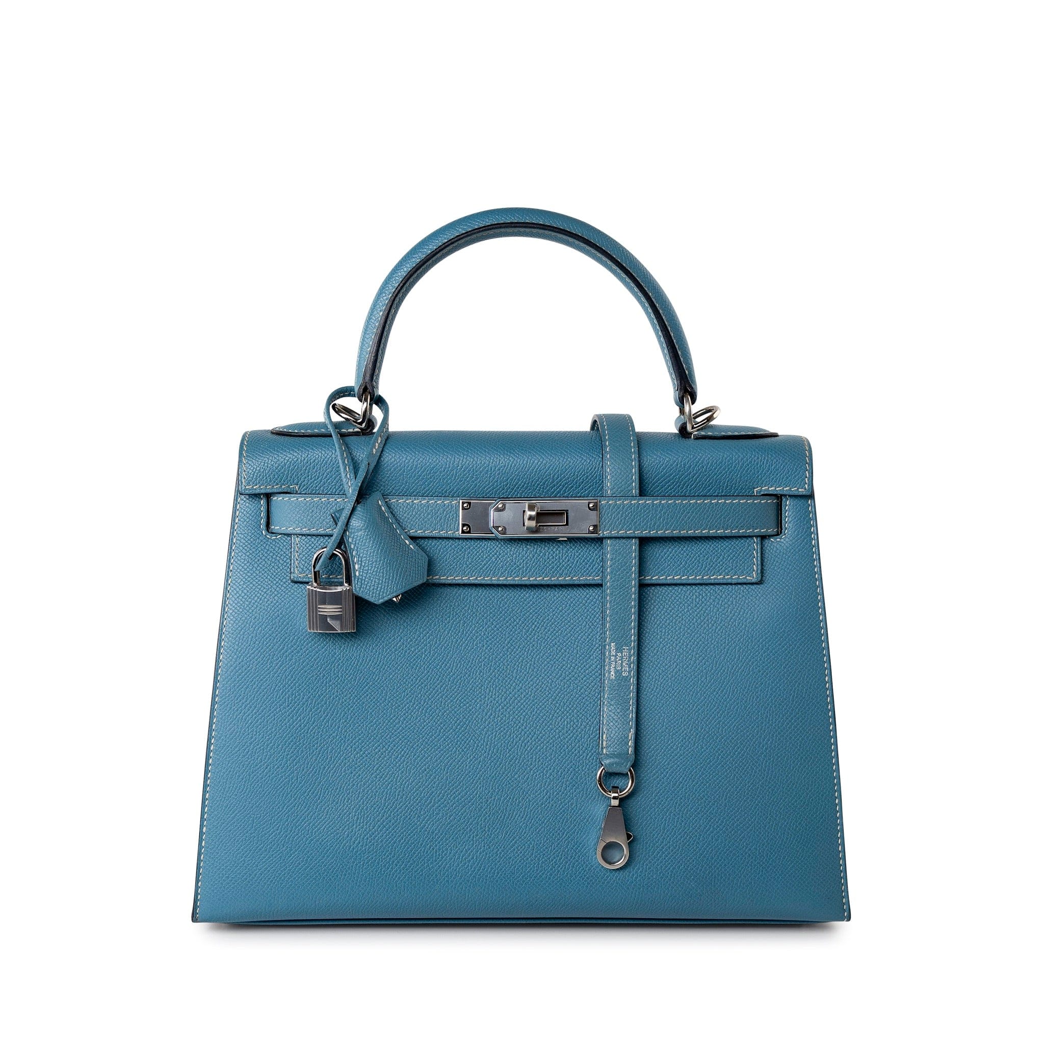 Hermes Handbag Blue Kelly 28 Sellier Blue Jean Veau Epsom Leather Palladium Hardware M Square Stamp - Redeluxe