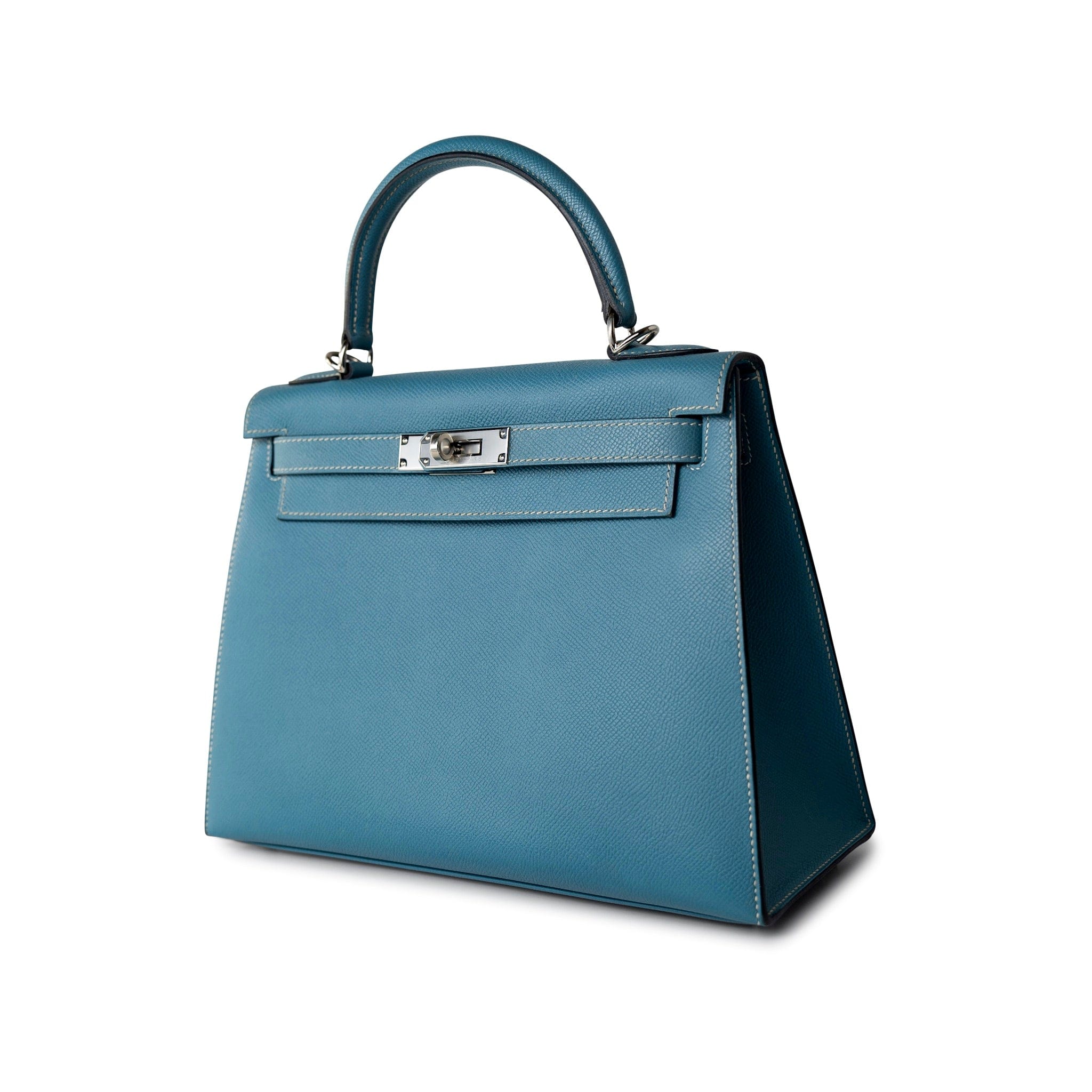 Hermes Handbag Blue Kelly 28 Sellier Blue Jean Veau Epsom Leather Palladium Hardware M Square Stamp - Redeluxe