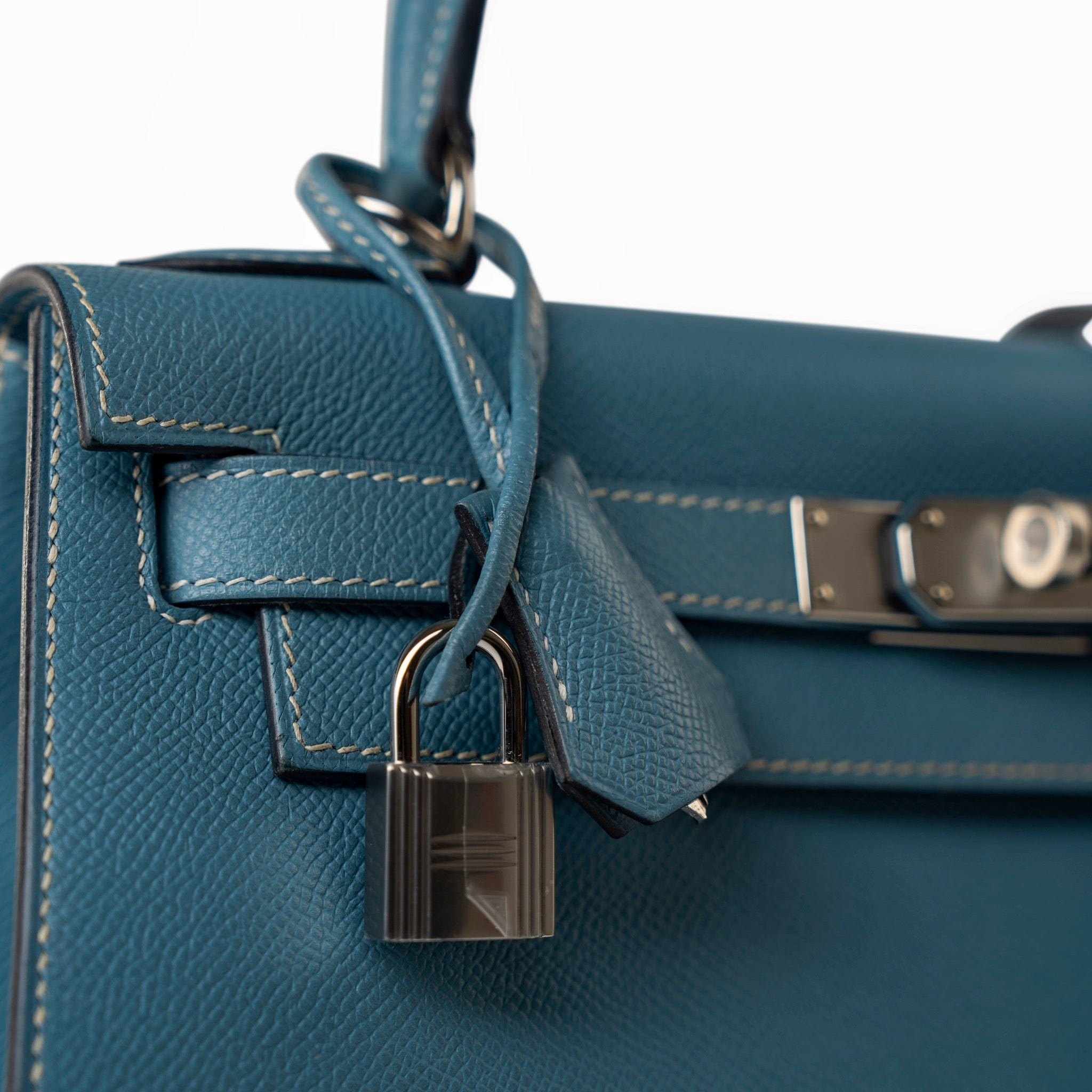 Hermes Handbag Blue Kelly 28 Sellier Blue Jean Veau Epsom Leather Palladium Hardware M Square Stamp - Redeluxe