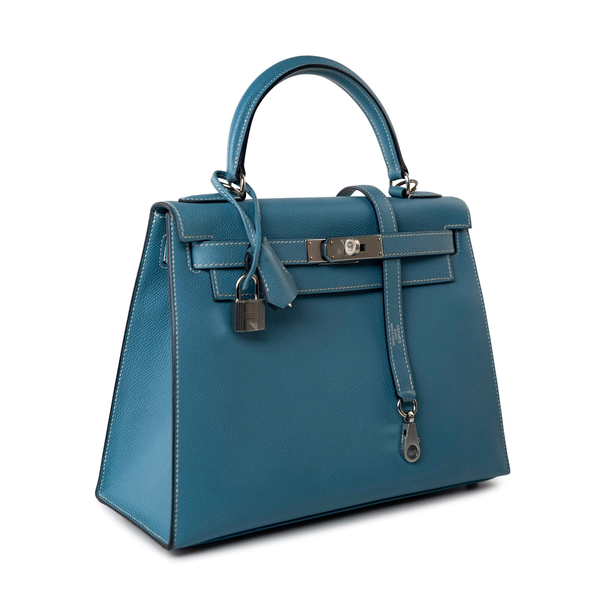 Hermes Handbag Blue Kelly 28 Sellier Blue Jean Veau Epsom Leather Palladium Hardware M Square Stamp - Redeluxe