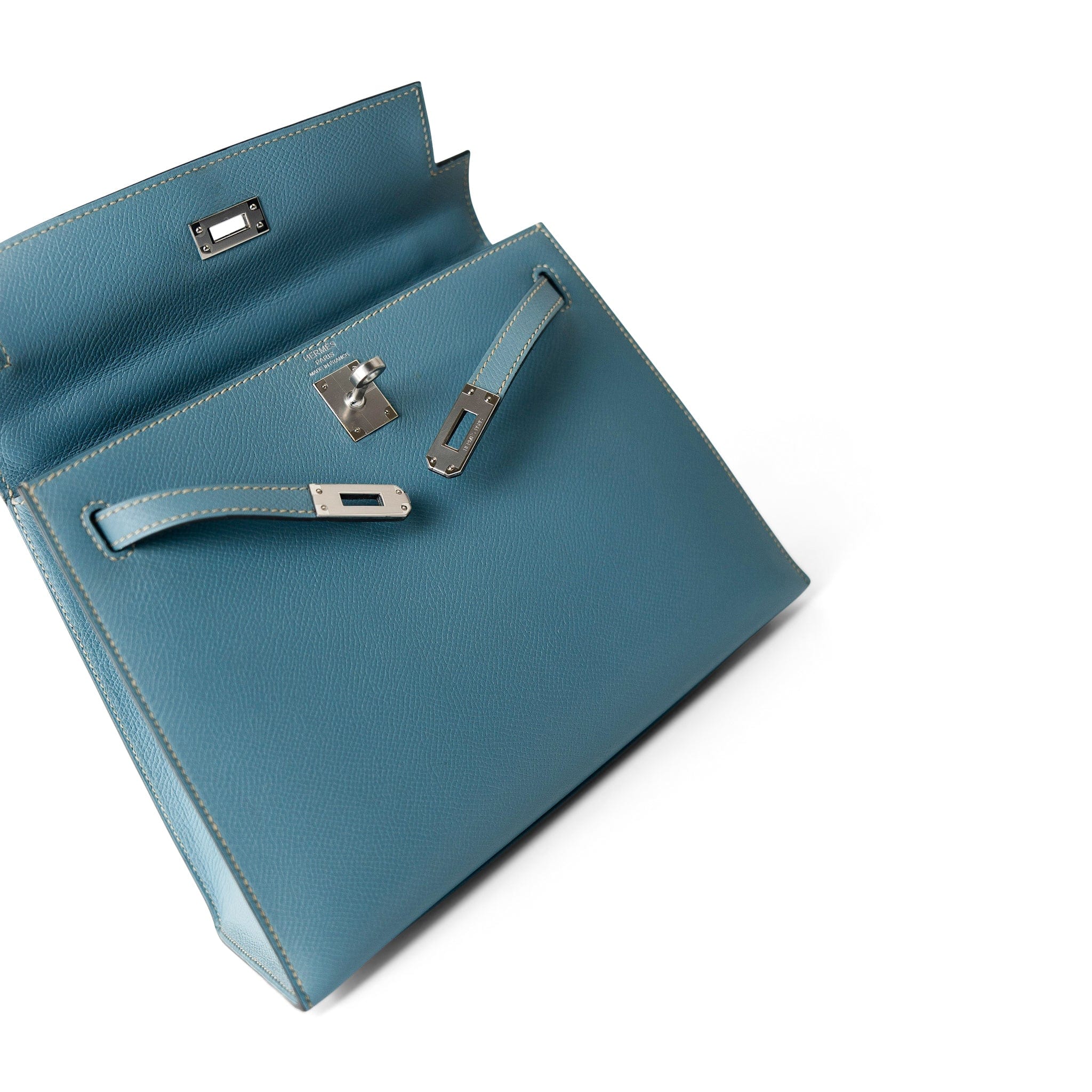 Hermes Handbag Blue / Kelly Kelly Sellier 25 Blue Jean Epsom Palladium Plated K Square Stamp - Redeluxe