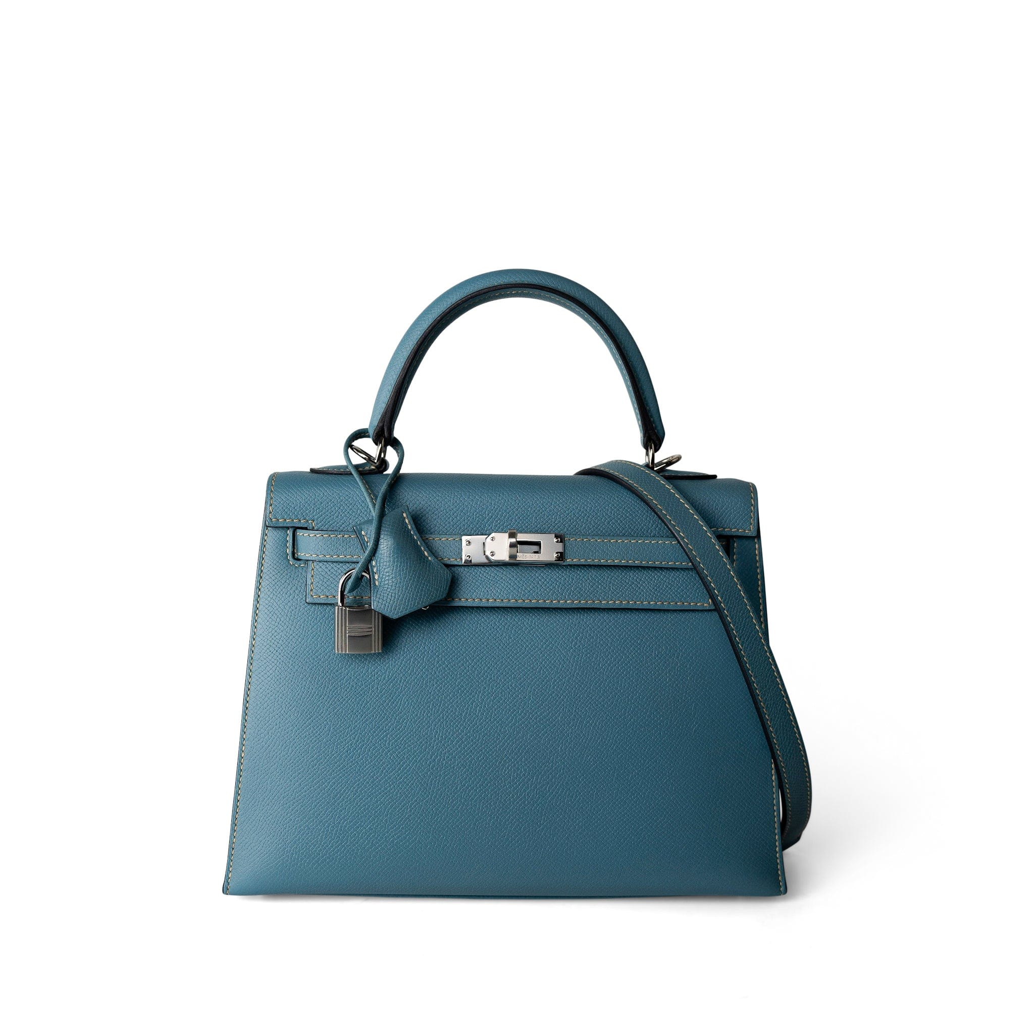 Hermes Handbag Blue / Kelly Kelly Sellier 25 Blue Jean Epsom Palladium Plated K Square Stamp - Redeluxe