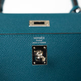 Hermes Handbag Blue Kelly Sellier 25 Vert Bosphore Veau Epsom Palladium Plated Hardware D Stamp - Redeluxe