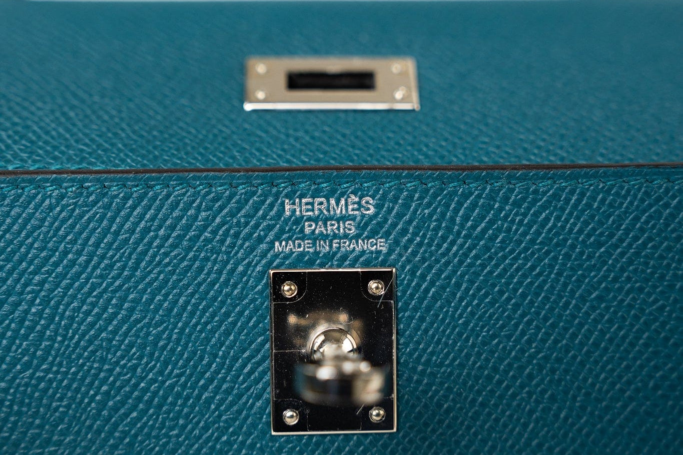 Hermes Handbag Blue Kelly Sellier 25 Vert Bosphore Veau Epsom Palladium Plated Hardware D Stamp - Redeluxe